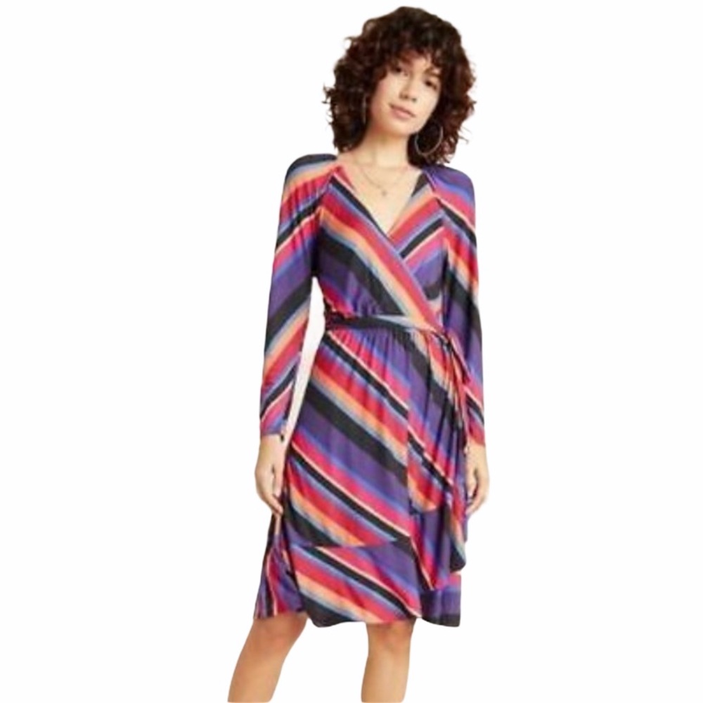 NWOT Maeve Anthropologie Angelique Striped Long Sleeve Midi Wrap Style Dress XS